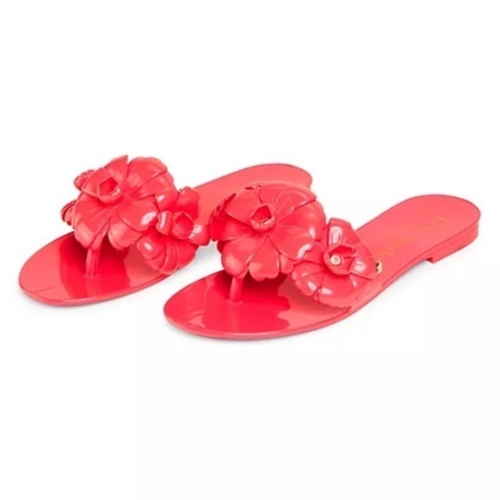 kate spade new york::Jaylee Floral Gold Logo Jelly Sandals::Ponderosa Red::NIB:: - Picture 1 of 10